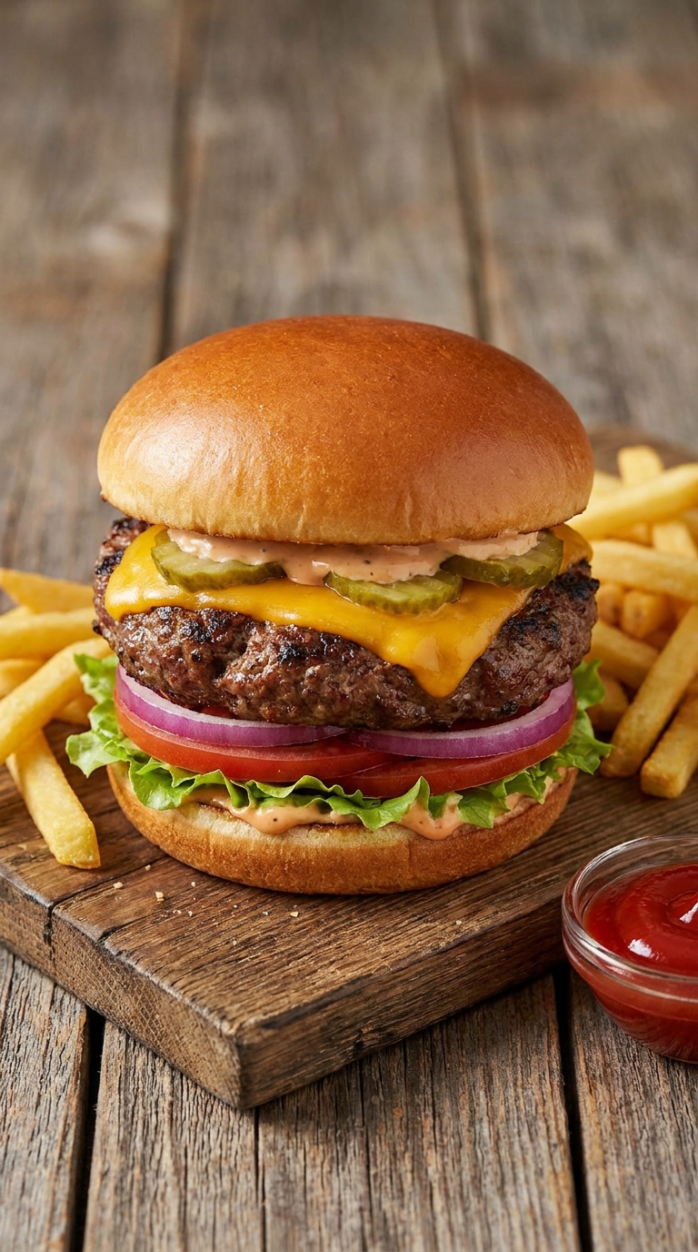 A close-up of a classic cheeseburger with fries and ketchup on a wooden board.