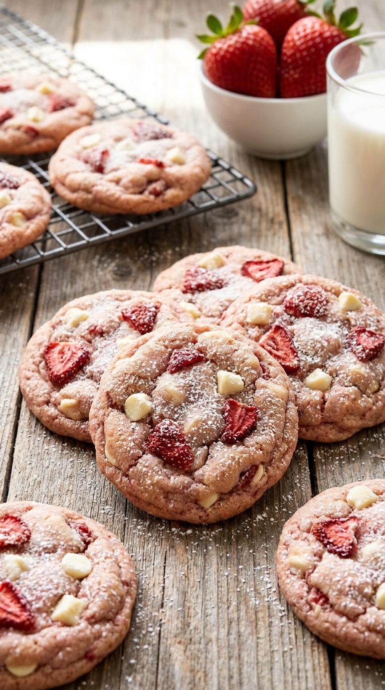 Strawberry white chocolate cookies on a wooden table with a glass of milk and fresh strawberries.